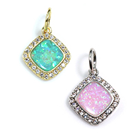 Cubic Zirconia Micro Pave Brass Pendant, with Opal, Rhombus, plated, micro pave cubic zirconia, more colors for choice, nickel, lead & cadmium free, 11x13x1.50mm, Hole:Approx 4mm, 10PCs/Lot, Sold By Lot
