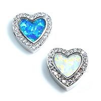 Cubic Zirconia Micro Pave Brass Beads, with Opal, Heart, platinum plated, micro pave cubic zirconia, more colors for choice, nickel, lead & cadmium free, 12x12x5mm, Hole:Approx 2mm, 5PCs/Lot, Sold By Lot