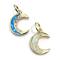 Cubic Zirconia Micro Pave Brass Pendant, with Opal, Moon, gold color plated, micro pave cubic zirconia, more colors for choice, nickel, lead & cadmium free, 11x15x2mm, Hole:Approx 4mm, 5PCs/Lot, Sold By Lot
