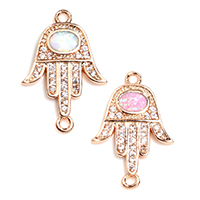Cubic Zirconia Micro Pave Brass Connector, with Opal, Hamsa, real rose gold plated, micro pave cubic zirconia & 1/1 loop, more colors for choice, nickel, lead & cadmium free, 14x20x1.50mm, Hole:Approx 1mm, 5PCs/Lot, Sold By Lot