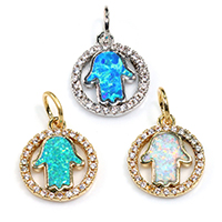 Cubic Zirconia Micro Pave Brass Pendant, with Opal, Hamsa, plated, micro pave cubic zirconia, more colors for choice, nickel, lead & cadmium free, 12x14x2mm, Hole:Approx 4mm, 5PCs/Lot, Sold By Lot