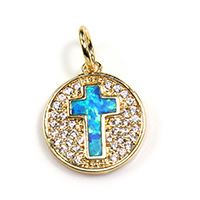 Cubic Zirconia Micro Pave Brass Pendant, with Opal, Flat Round, real gold plated, micro pave cubic zirconia, nickel, lead & cadmium free, 14x15x1.50mm, Hole:Approx 4mm, 5PCs/Lot, Sold By Lot