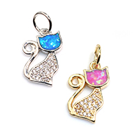 Cubic Zirconia Micro Pave Brass Pendant, with Opal, Cat, plated, micro pave cubic zirconia, more colors for choice, nickel, lead & cadmium free, 10x15x2mm, Hole:Approx 4mm, 10PCs/Lot, Sold By Lot