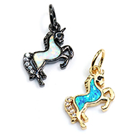 Cubic Zirconia Micro Pave Brass Pendant, with Opal, Horse, plated, micro pave cubic zirconia, more colors for choice, nickel, lead & cadmium free, 11x15x2mm, Hole:Approx 4mm, 10PCs/Lot, Sold By Lot
