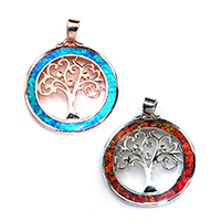 Tree Of Life Pendants, Brass, with Opal, plated, more colors for choice, nickel, lead & cadmium free, 25x27x3mm, Hole:Approx 3x4mm, 5PCs/Lot, Sold By Lot