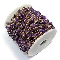 Brass Beading Chains, with plastic spool & Amethyst, real gold plated, natural, nickel, lead & cadmium free, 14x3-15x5-8mm, 10m/Lot, Sold By Lot