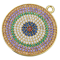 Cubic Zirconia Micro Pave Brass Pendant, Flat Round, real gold plated, micro pave cubic zirconia, nickel, lead & cadmium free, 30x34x2.50mm, Hole:Approx 2.5mm, 3PCs/Lot, Sold By Lot