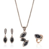 Zinc Alloy Jewelry Sets finger ring & earring & necklace with iron chain & Glass Leaf antique gold color plated lantern chain & for woman & with rhinestone lead & cadmium free   US Ring Length Approx 17.5 Inch Sold By Set