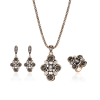 Zinc Alloy Jewelry Sets finger ring & earring & necklace with iron chain & Cubic Zirconia Flower antique gold color plated lantern chain & for woman & with rhinestone lead & cadmium free   US Ring Length Approx 17.5 Inch Sold By Set