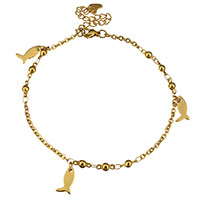 Stainless Steel Anklet, with 2.5lnch extender chain, Fish, gold color plated, charm bracelet & oval chain & for woman, 7x12mm, 8x4mm, 3mm, Length:Approx 8.5 Inch, 10Strands/Lot, Sold By Lot