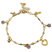 Stainless Steel Anklet, with Rhinestone Clay Pave Bead, with 2lnch extender chain, gold color plated, charm bracelet & with cross pattern & with heart pattern & for woman, 6x10mm, 11x11mm, Length:Approx 8 Inch, 10Strands/Lot, Sold By Lot