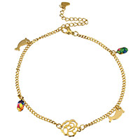 Stainless Steel Anklet, with 2lnch extender chain, Dolphin, gold color plated, charm bracelet & curb chain & with flower pattern & for woman & enamel, 14x11mm, 8x12mm, 3mm, Length:Approx 9 Inch, 10Strands/Lot, Sold By Lot