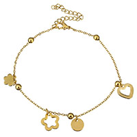 Stainless Steel Anklet, with 2lnch extender chain, gold color plated, charm bracelet & with heart pattern & oval chain & with flower pattern & for woman, 11x11mm, 8mm, 2mm, Length:Approx 8.5 Inch, 10Strands/Lot, Sold By Lot