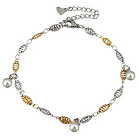 Stainless Steel Anklet, with Glass Pearl, with 2.5lnch extender chain, plated, charm bracelet & for woman, 6x9mm, 11x4mm, Length:Approx 8 Inch, 10Strands/Lot, Sold By Lot
