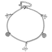 Stainless Steel Anklet, with 2lnch extender chain, Butterfly, charm bracelet & curb chain & for woman, original color, 9x11mm, 2mm, 8mm, Length:Approx 8 Inch, 10Strands/Lot, Sold By Lot