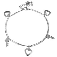Stainless Steel Anklet, with 2lnch extender chain, charm bracelet & with key & with heart pattern & curb chain & for woman, original color, 11x11mm, 7x13mm, 2mm, Length:Approx 8 Inch, 10Strands/Lot, Sold By Lot