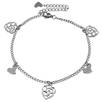 Stainless Steel Anklet, with 2.5lnch extender chain, charm bracelet & with heart pattern & curb chain & with flower pattern & for woman, original color, 11x14mm, 2mm, 8x9mm, Length:Approx 8 Inch, 10Strands/Lot, Sold By Lot