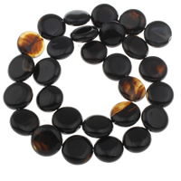 Natural Black Agaat kralen, Zwarte Agaat, Rond plat, 14.5x5mm-16x7mm, Gat:Ca 1mm, Ca 28pC's/Strand, Per verkocht Ca 16 inch Strand