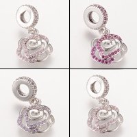 Brass European Pendant, Flower, silver color plated, micro pave cubic zirconia & without troll, more colors for choice, lead & cadmium free, 24x13.2mm, Hole:Approx 4-5mm, 5PCs/Bag, Sold By Bag