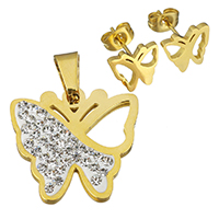 Rhinestone Stainless Steel Jewelry Set, pendant & earring, with Rhinestone Clay Pave, Butterfly, gold color plated, for woman, 24.5x23mm, 10x9mm, Hole:Approx 4.5x7mm, Sold By Set
