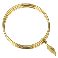 Bracelete de aço inoxidável, Folha, cromado de cor dourada, pulseira da sorte & para mulher & 3-anéis de linha, 8x26mm, 2mm, Diametro interno:Aprox 65mm, vendido por PC