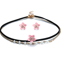 Crystal Jewelry Sets earring & necklace Zinc Alloy with PU Leather & Crystal stainless steel post pin with 3cm extender chain Flower plated with painted & for woman & faceted & with rhinestone lead & cadmium free 15mm Length Approx 12.5 Inch Sold By Set