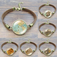 Fashion Time Gem Bracelet, Tibetan Style, with Velveteen Cord & Glass, with 4cm extender chain, Flat Round, antique bronze color plated, time gem jewelry & Unisex & adjustable & different designs for choice & with letter pattern & decal, lead & cadmium free, 20mm, Sold Per Approx 7 Inch Strand