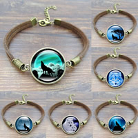 Fashion Time Gem Bracelet Zinc Alloy with Velveteen Cord & Glass with 4cm extender chain Flat Round antique bronze color plated time gem jewelry & Unisex & adjustable & decal lead & cadmium free 20mm Sold Per Approx 7 Inch Strand