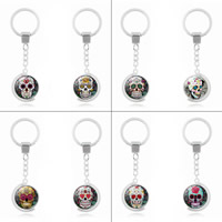 Fashion Time Gem Keychain Key Ring, Tibetan Style, with Glass, Flat Round, silver color plated, rotatable & time gem jewelry & different designs for choice & double-sided & decal, lead & cadmium free, 100mm, Inner Diameter:Approx 30mm, Sold By Strand