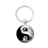 Fashion Time Gem Keychain Key Ring, Tibetan Style, Flat Round, silver color plated, time gem jewelry & ying yang & decal, lead & cadmium free, 20mm, Inner Diameter:Approx 30mm, Sold By Strand