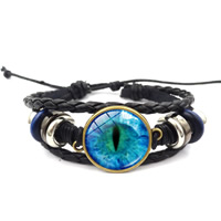Fashion Time Gem Bracelet, PU Leather, with Waxed Linen Cord & Glass & Wood & Tibetan Style, plated, dyed & time gem jewelry & Unisex & adjustable & 3-strand & decal, 180mm, Sold Per Approx 7 Inch Strand