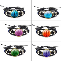 Fashion Time Gem Bracelet, PU Leather, with Waxed Linen Cord & Glass & Wood & Tibetan Style, plated, dyed & time gem jewelry & Unisex & adjustable & 3-strand & decal, more colors for choice, 180mm, Sold Per Approx 7 Inch Strand