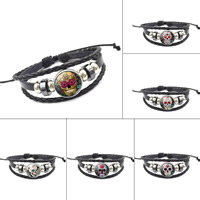Fashion Time Gem Bracelet, PU Leather, with Waxed Linen Cord & Glass & Tibetan Style, plated, time gem jewelry & Unisex & adjustable & different designs for choice & 3-strand & decal, 200mm, Sold Per Approx 7 Inch Strand