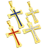 Stainless Steel Cross Pendants with Rhinestone Clay Pave gold color plated Sold By PC