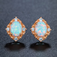 Brass Stud Earring, with White Opal, rose gold color plated, nickel, lead & cadmium free, 12-15mm, Sold By Pair