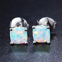 Brass Stud Earring with White Opal platinum color plated nickel lead & cadmium free Sold By Pair