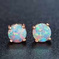 Brass Stud Earring, with White Opal, rose gold color plated, nickel, lead & cadmium free, 6x6mm, Sold By Pair