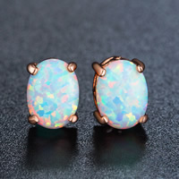 Brass Stud Earring, with White Opal, Flat Oval, rose gold color plated, nickel, lead & cadmium free, 6x8mm, Sold By Pair