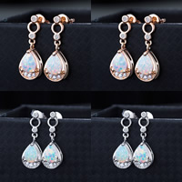 Brass Drop Earring, with White Opal, Teardrop, plated, with rhinestone, more colors for choice, nickel, lead & cadmium free, 10-15mm, Sold By Pair