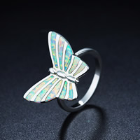 Brass Finger Ring with White Opal Butterfly platinum color plated & for woman nickel lead & cadmium free Sold By PC