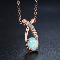 Brass Necklace with White Opal rose gold color plated oval chain & for woman & with rhinestone nickel lead & cadmium free Sold Per Approx 19.5 Inch Strand