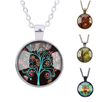 Zinc Alloy Sweater Necklace with iron chain & Glass Flat Round plated tree of life design & time gem jewelry & Unisex & oval chain & decal lead & cadmium free 25mm Sold Per Approx 27 Inch Strand