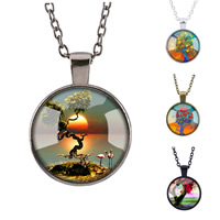 Tibetan Style Sweater Necklace, with iron chain & Glass, Flat Round, plated, tree of life design & time gem jewelry & Unisex & oval chain & different designs for choice & decal, lead & cadmium free, 25mm, Sold Per Approx 27 Inch Strand