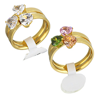 Cubic Zirconia Stainless Steel Finger Ring Sæt, guldfarve belagt, for kvinde & med cubic zirconia, flere farver til valg, 12x13mm, 6mm, Størrelse:9, 2pc'er/sæt, Solgt af sæt