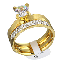 Cubic Zirconia Stainless Steel Finger Ring Sæt, med rhinestone ler bane, guldfarve belagt, for kvinde & med cubic zirconia, 7mm, 8mm, Størrelse:9, 2pc'er/sæt, Solgt af sæt