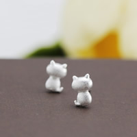 Brass Stud Earring Cat real silver plated nickel lead & cadmium free Sold By Pair
