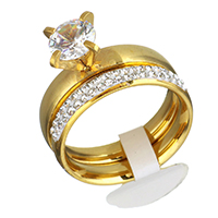 Cubic Zirconia Stainless Steel Finger Ring Sæt, med rhinestone ler bane, guldfarve belagt, for kvinde & med cubic zirconia, 7mm, 8mm, Størrelse:8, 2pc'er/sæt, Solgt af sæt