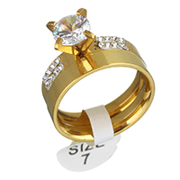 Ensemble cubique d’anneau de doigt en acier inoxydable de Zirconia, avec argile, Placage de couleur d'or, pour femme & avec zircone cubique, 7mm, 8mm, Taille:7, 2PC/fixé, Vendu par fixé