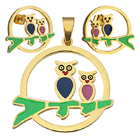 Enamel Stainless Steel Jewelry Set, pendant & earring, Owl, gold color plated, for woman, 39x39mm, 18x16mm, Hole:Approx 5x8mm, Sold By Set