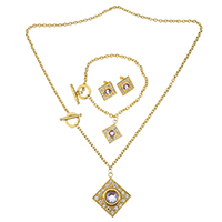 Crystal Jewelry Sets, bracelet & earring & necklace, Stainless Steel, with Crystal, Rhombus, gold color plated, oval chain & for woman & with rhinestone, 35x39mm, 3.5mm, 19x24mm, 3.5mm, 19x19mm, Length:Approx 20 Inch, Approx 7 Inch, Sold By Set